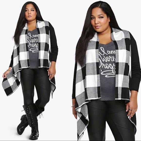 TORRID Open Front Drape Cardigan Sweater Size 0X Buffalo Check - Picture 1 of 8